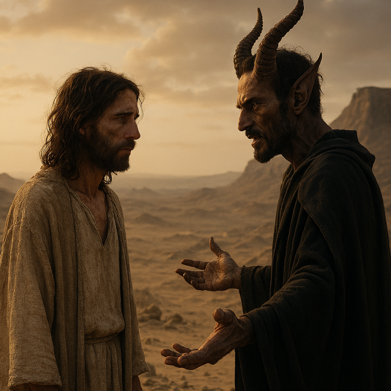 Jesus und der Teufel stehen sich in einer Wüstenlandschaft gegenüber.