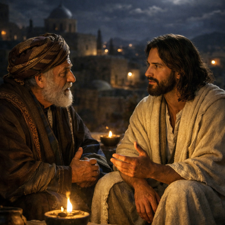 Jesus und Nikodemus | Bild erstellt mit Microsoft Copilot Zwei Männer im Gespräch, umgeben von einer historischen Stadtansicht bei Nacht.