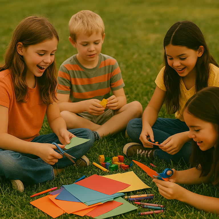Vier Kinder sitzen im Gras und basteln mit buntem Papier und Scheren.