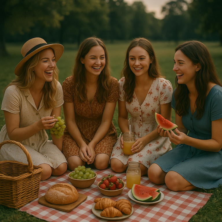 Vier Frauen sitzen auf einer Decke im Park, umgeben von Früchten und Snacks.