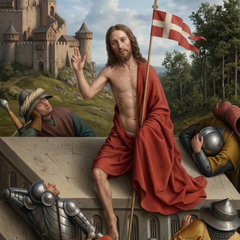 Christi Auferstehung | Bild erstellt mit Microsoft Copilot Jesus im roten Gewand, sitzend auf einer Mauer, umgeben von schlafenden Kriegern.