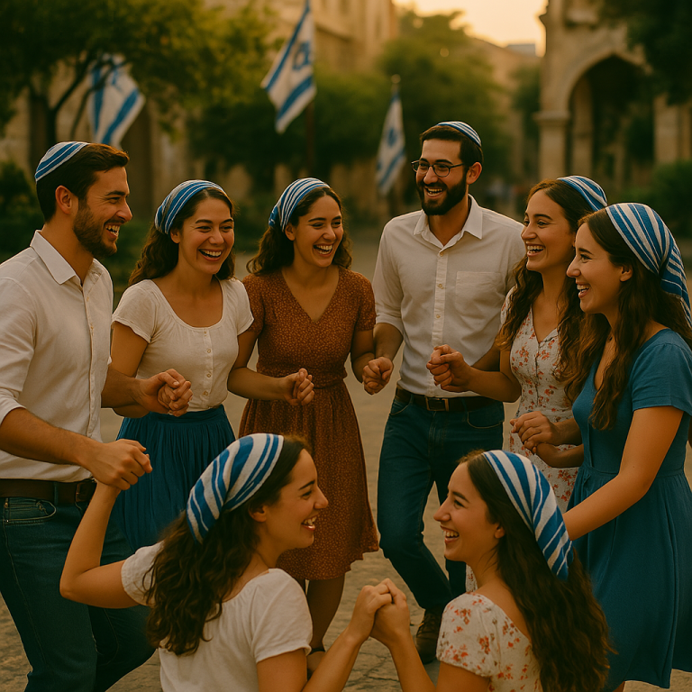 Eine Gruppe junger Leute tanzt und feiert auf einer Straße, mit israelischen Flaggen im Hintergrund.