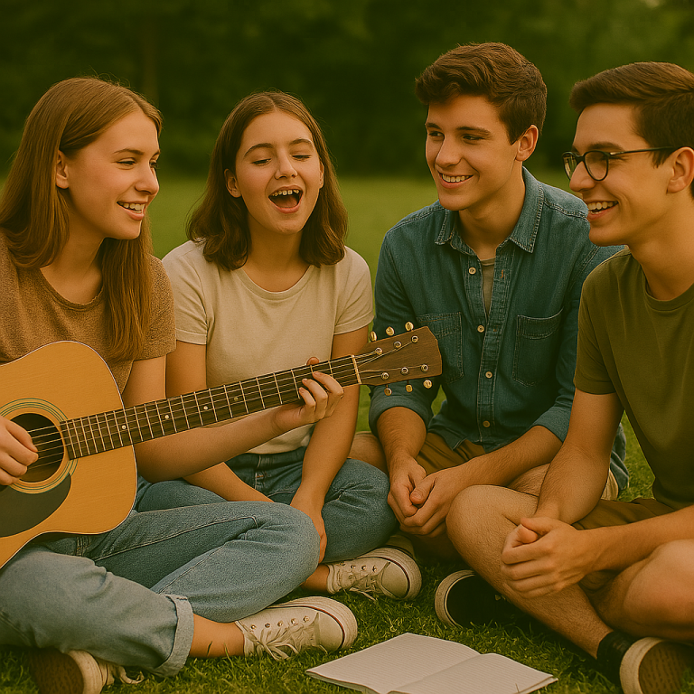 Vier Jugendliche sitzen im Gras, singen und spielen Gitarre.