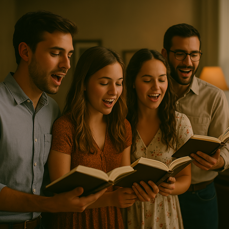 Vier Menschen singen gemeinsam und halten Bücher in der Hand.