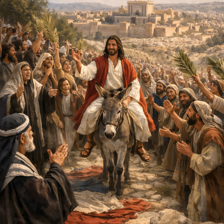 Jesus reitet auf einem Esel und wird von einer jubelnden Menschenmenge empfangen.