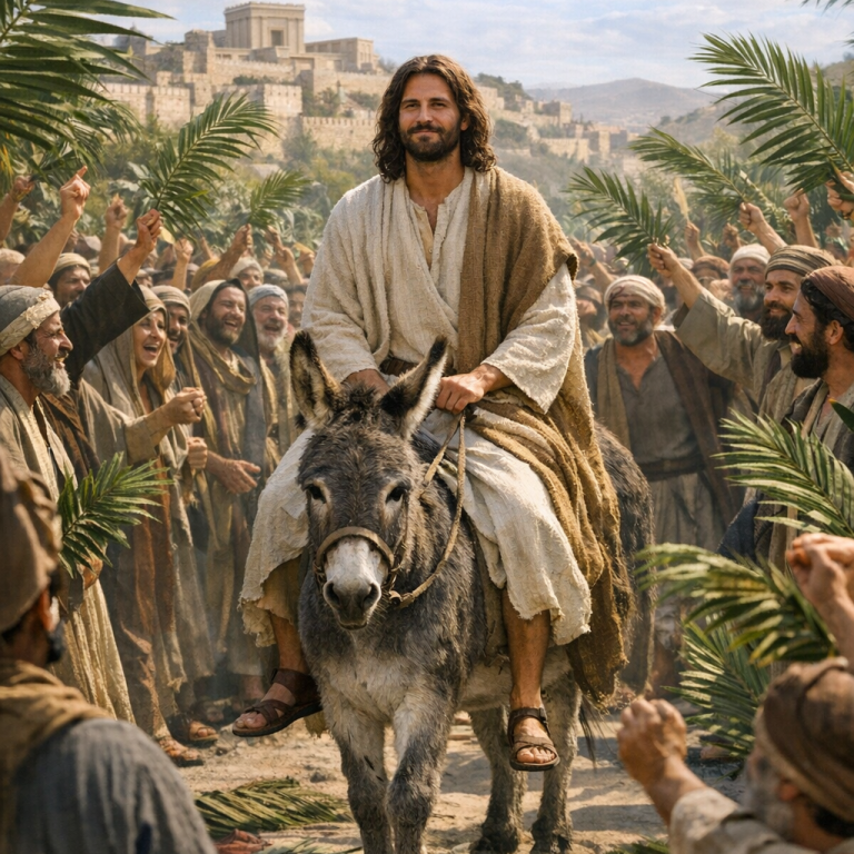 Jesus auf einem Esel, umgeben von jubelnden Menschen und Palmen.