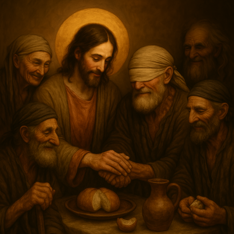 Jesus teilt Brot mit mehreren älteren Männern in einer warmen, beruhigenden Atmosphäre.